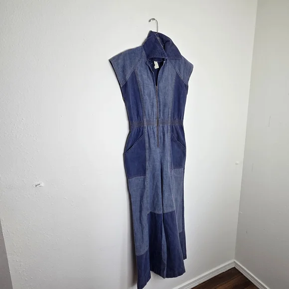 Vintage Two-Tone Denim Jumpsuit Romper with Front Zip - Picture 2 of 8